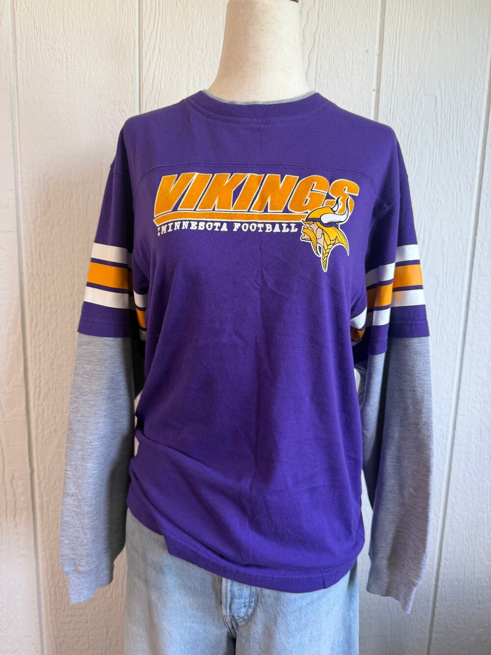 Vintage 90s Reebok NFL Minnesota Vikings Long Sleeve Shirt Purple Gold Size L